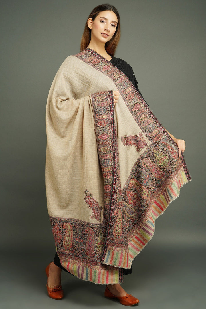 Pashmina Wool In Antique Jamawar Border With Paisley Work 80 by 40", unisex
