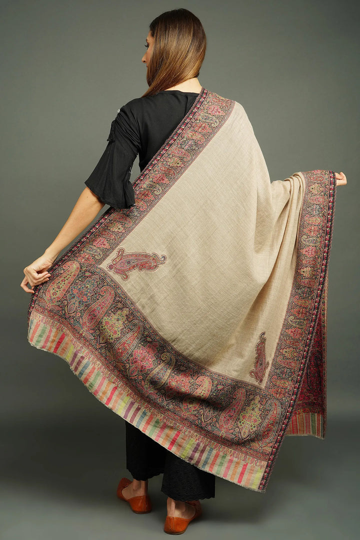 Pashmina wool in antique jamawar border with paisley work Shawl for Men & Womens | SHOBITAM