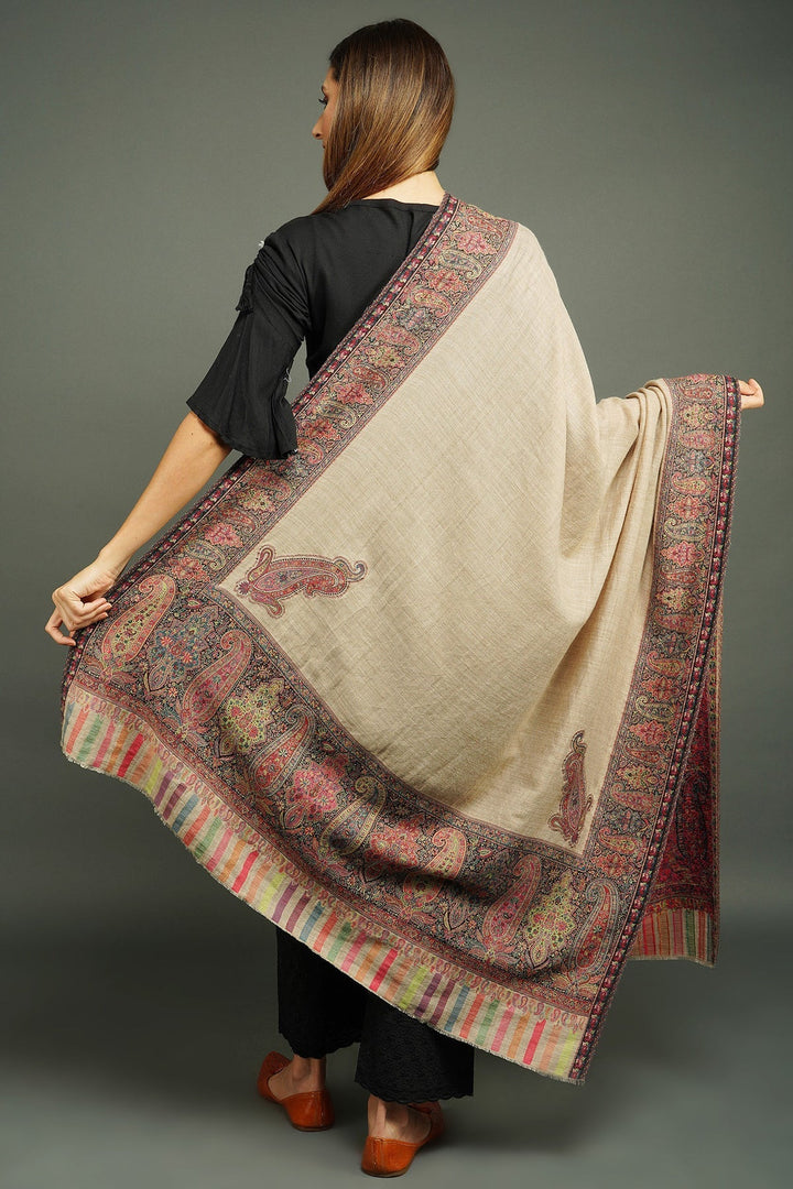 Pashmina Wool In Antique Jamawar Border With Paisley Work 80 by 40", unisex