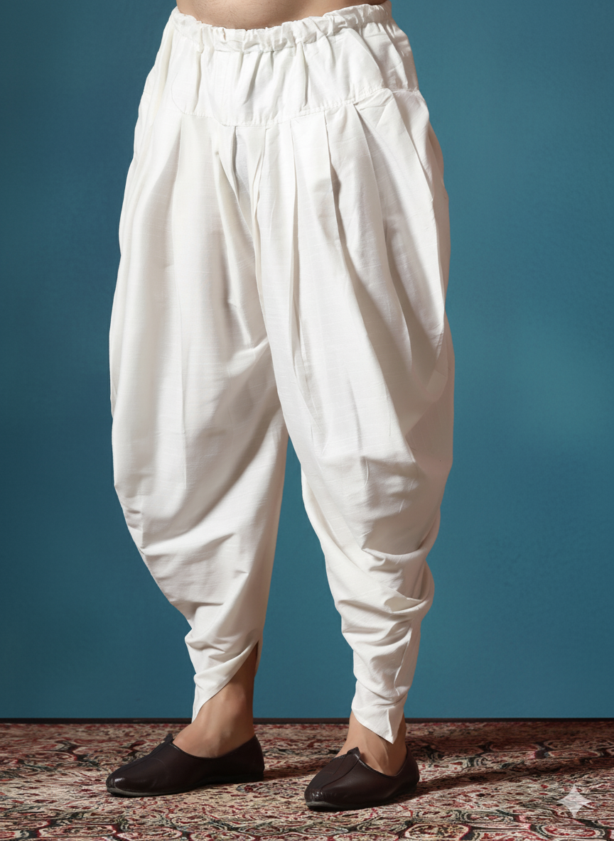 Men’s Pleated Silk Dhoti Pants – Arctic White| SHOBITAM