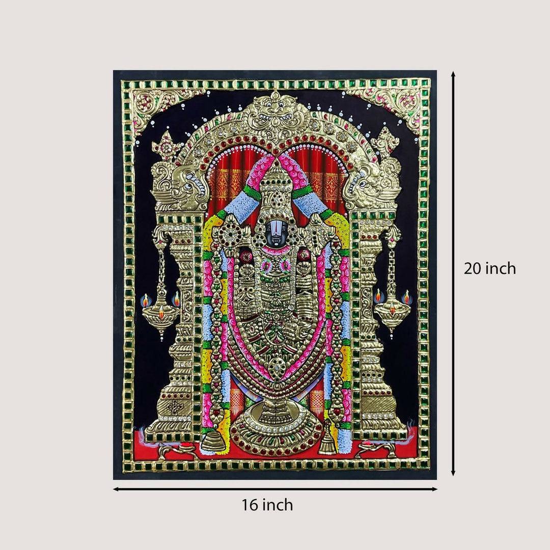 24*18" Balaji Tanjore Painting Authentic with 22 Ct Gold Foil and Jaipur Gemstones, Unframed | SHOBITAM