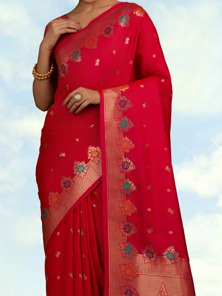 Dark Pink Semi Banarasi Silk Blend Saree With Zari Woven Work | SHOBITAM