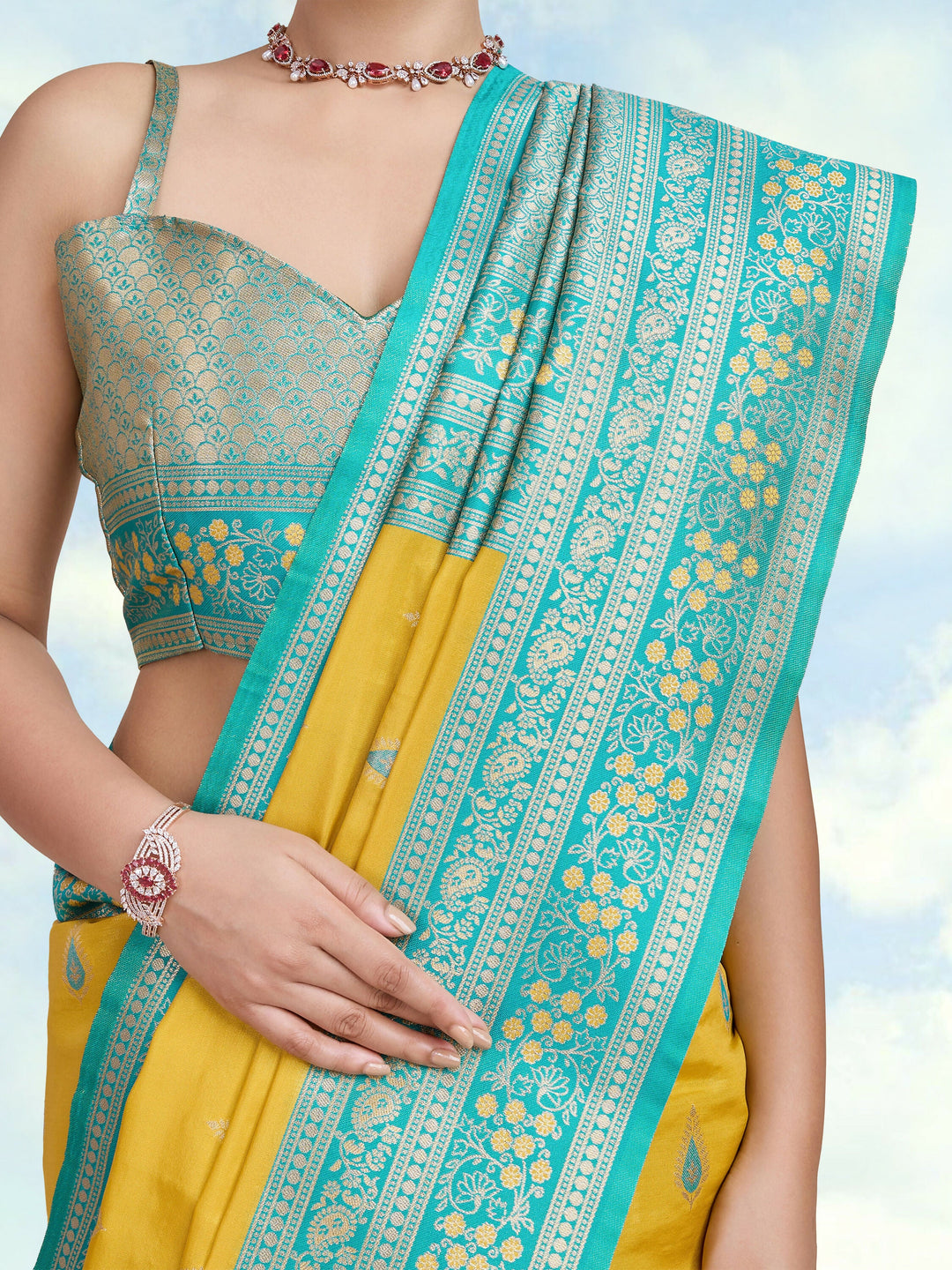 Semi Banarasi Tissue Silk Zari Woven Yellow Saree | SHOBITAM