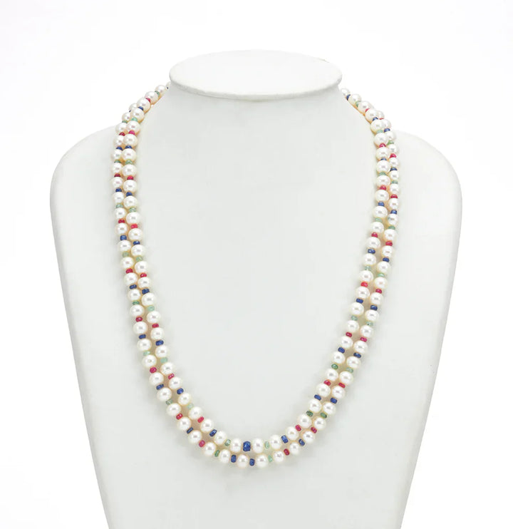 Natural Ruby & Emerald & Sapphire And 6.0-7.0mm Near Round Mix Freshwater Pearl Necklace set-AA Quality