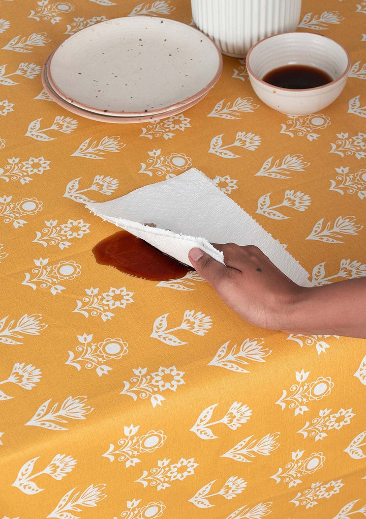 Dahlia Mustard Spill safe water-resistant coated cotton table cloth | SHOBITAM