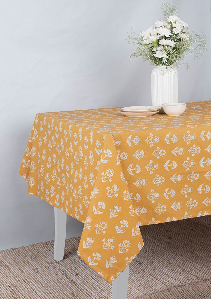 Dahlia Mustard Spill safe water-resistant coated cotton table cloth | SHOBITAM