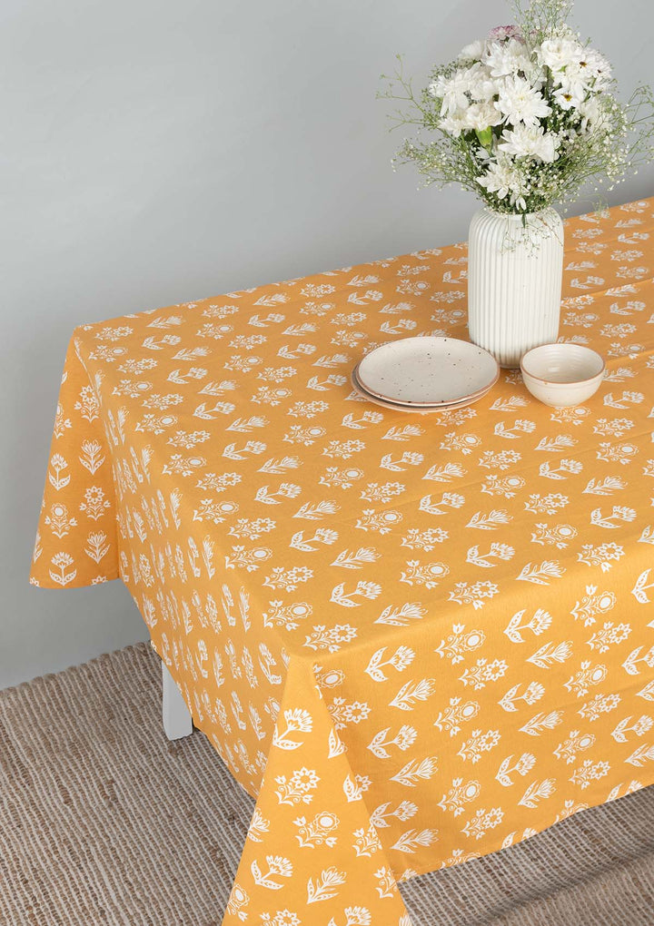 Dahlia Mustard Spill safe water-resistant coated cotton table cloth | SHOBITAM