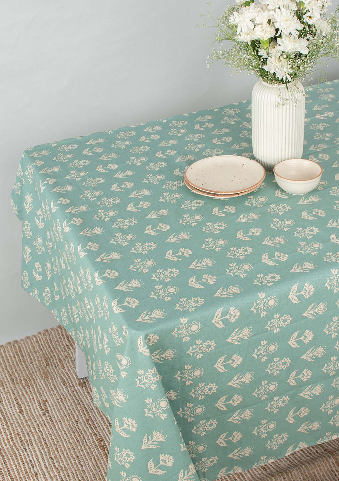 Dahlia Nile Blue Spill safe water-resistant coated cotton table cloth | SHOBITAM