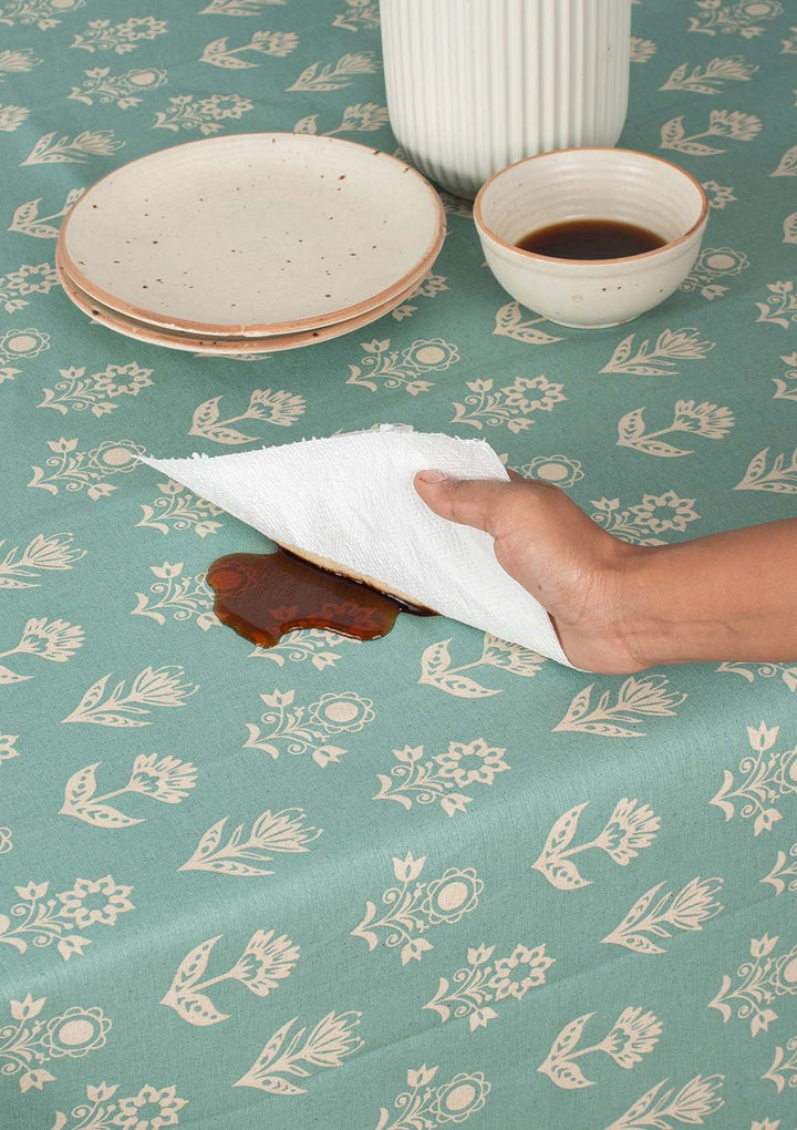 Dahlia Nile Blue Spill safe water-resistant coated cotton table cloth | SHOBITAM