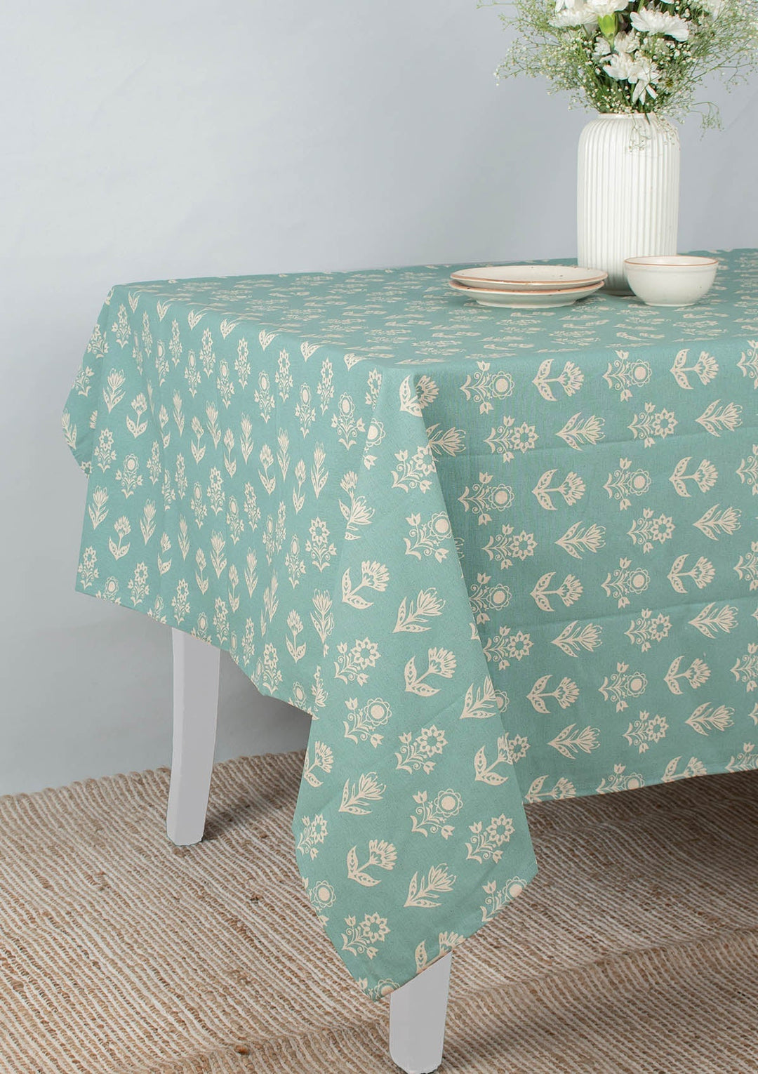 Dahlia Nile Blue Spill safe water-resistant coated cotton table cloth | SHOBITAM