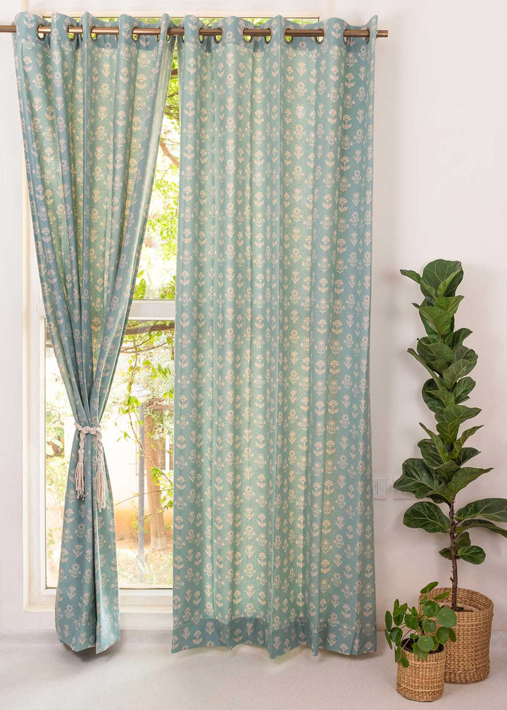 Dahlia 100% cotton floral curtain for living room - Room darkening - Nile Blue - Single Piece