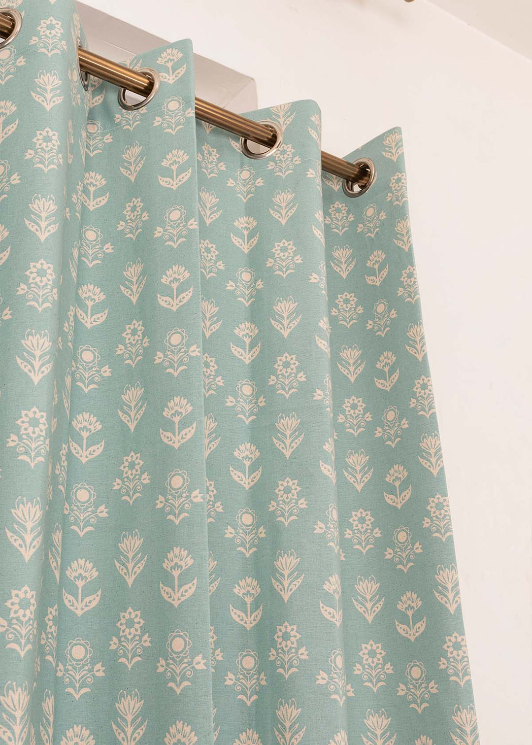 Dahlia 100% cotton floral curtain for living room - Room darkening - Nile Blue - Single Piece