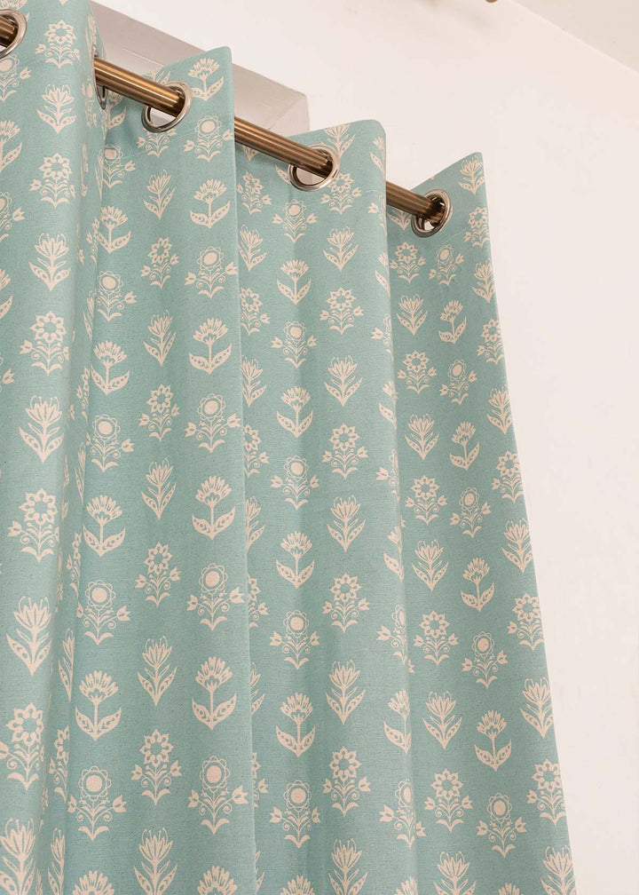 Dahlia 100% cotton floral curtain for living room - Room darkening - Nile Blue - Single Piece