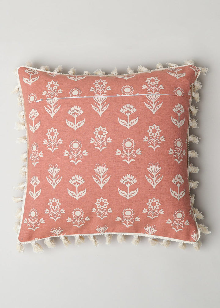 Dahlia Rust Floral Printed Cushion Cover for Sofa with Tassels – 100% Cotton | SHOBITAM