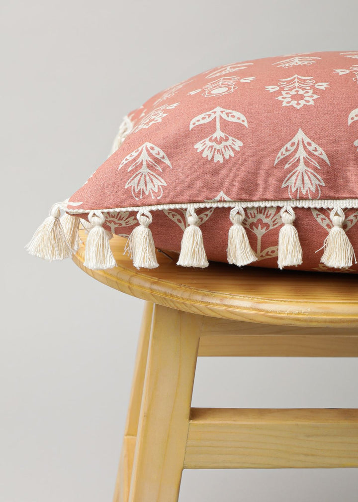 Dahlia Rust Floral Printed Cushion Cover for Sofa with Tassels – 100% Cotton | SHOBITAM