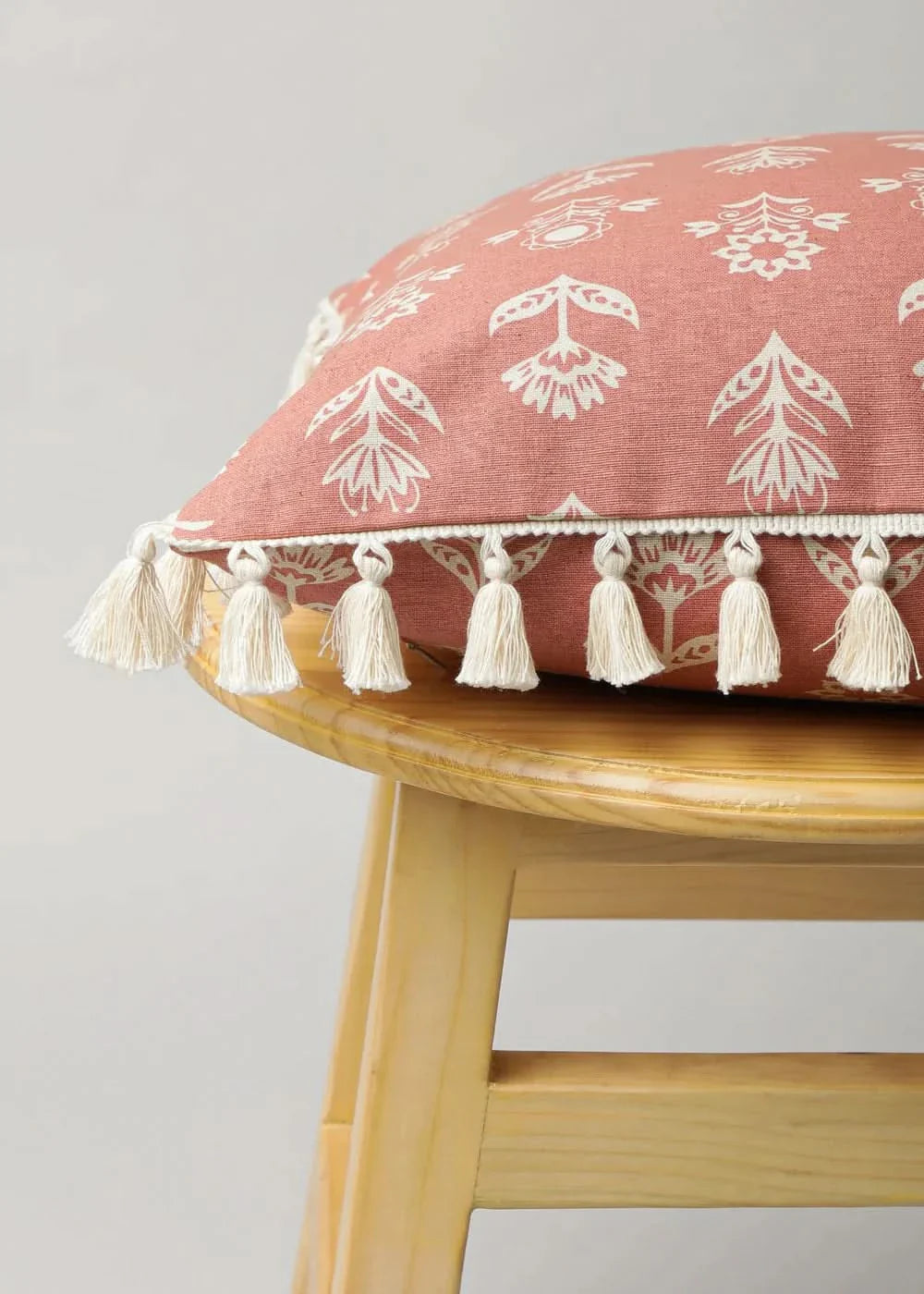 100% Pure Cotton Cushion Cover in Earthly Sandstone with Dahlia Print and tassels, Size Options available
