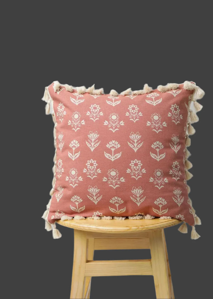100% Pure Cotton Cushion Cover in Earthly Sandstone with Dahlia Print and tassels, Size Options available