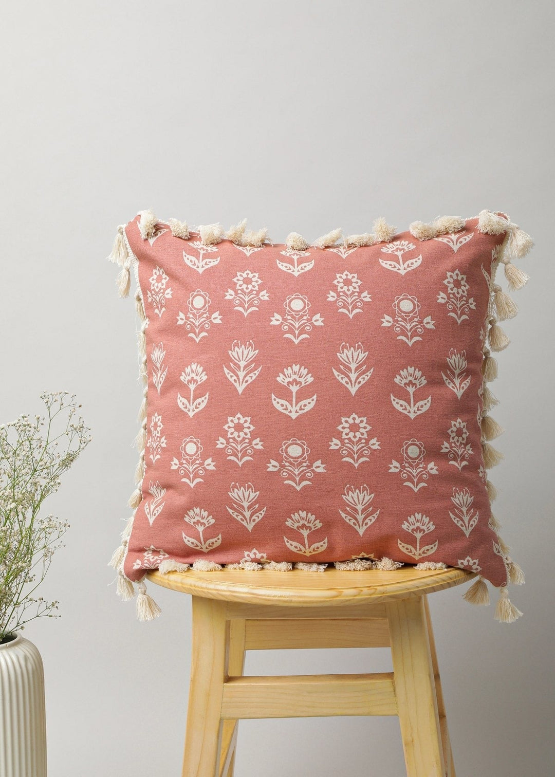 Dahlia Rust Floral Printed Cushion Cover for Sofa with Tassels – 100% Cotton | SHOBITAM