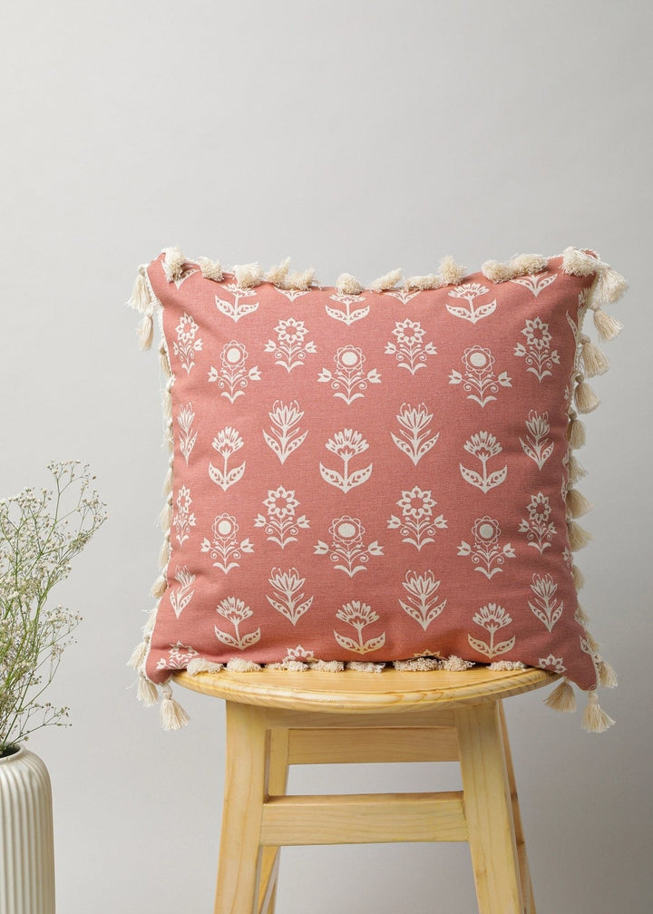 Dahlia Rust Floral Printed Cushion Cover for Sofa with Tassels – 100% Cotton | SHOBITAM