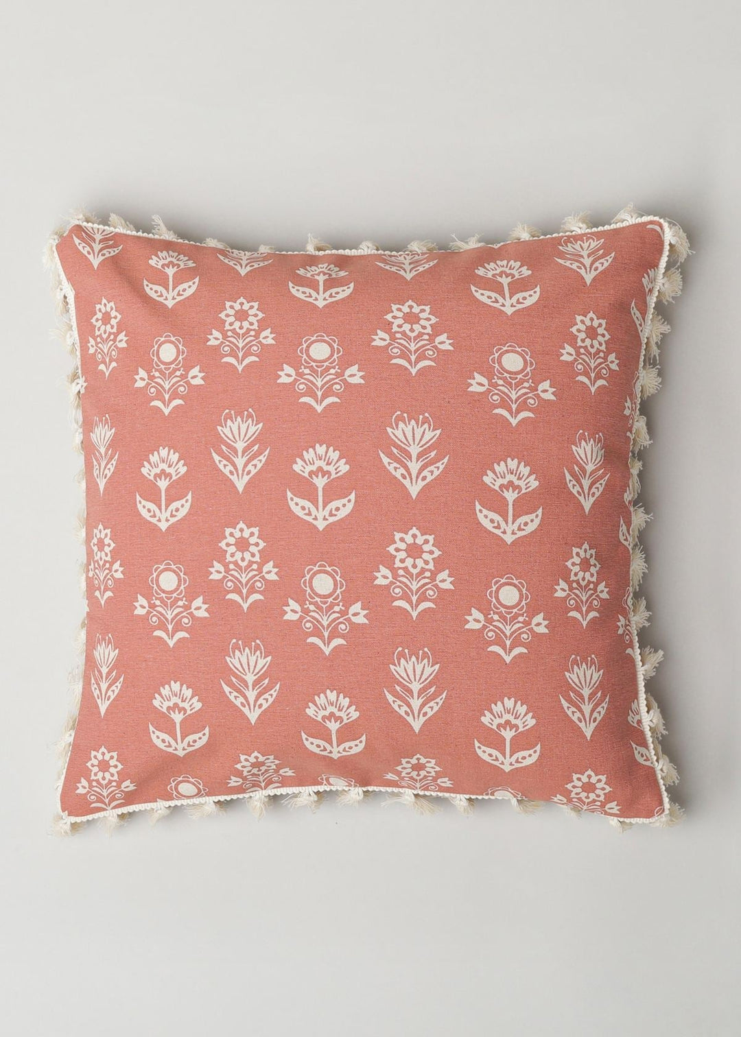Dahlia Rust Floral Printed Cushion Cover for Sofa with Tassels – 100% Cotton | SHOBITAM