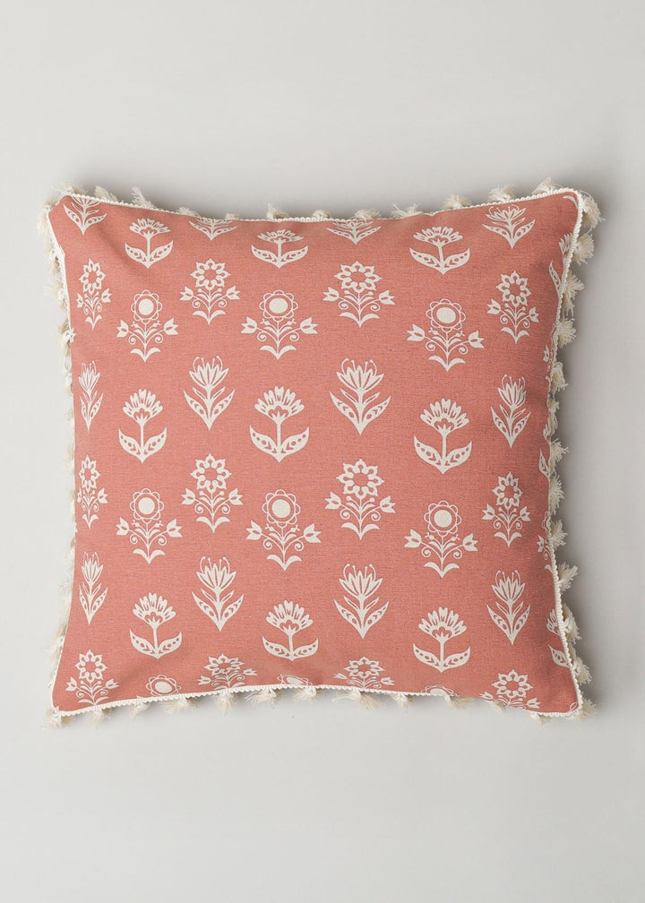 Dahlia Rust Floral Printed Cushion Cover for Sofa with Tassels – 100% Cotton | SHOBITAM