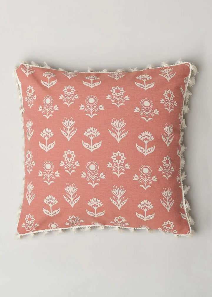 100% Pure Cotton Cushion Cover in Earthly Sandstone with Dahlia Print and tassels, Size Options available