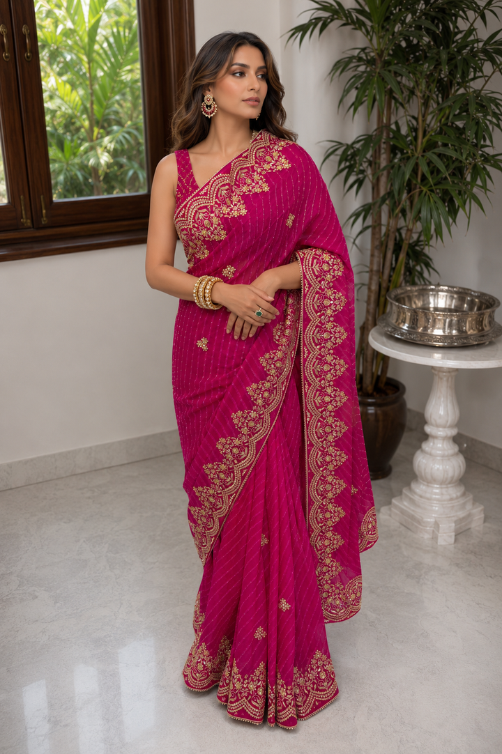 Hot Pink Heavy Gotta Patti Saree | SHOBITAM