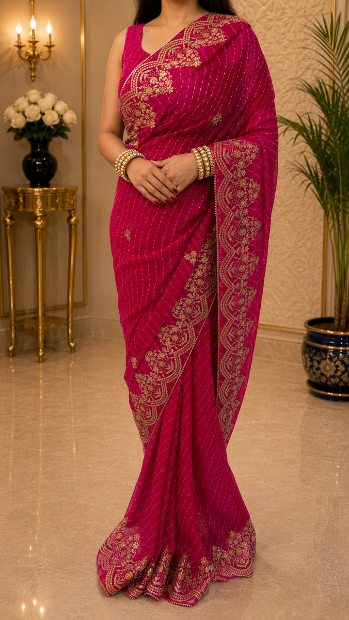 Hot Pink Heavy Gotta Patti Saree | SHOBITAM