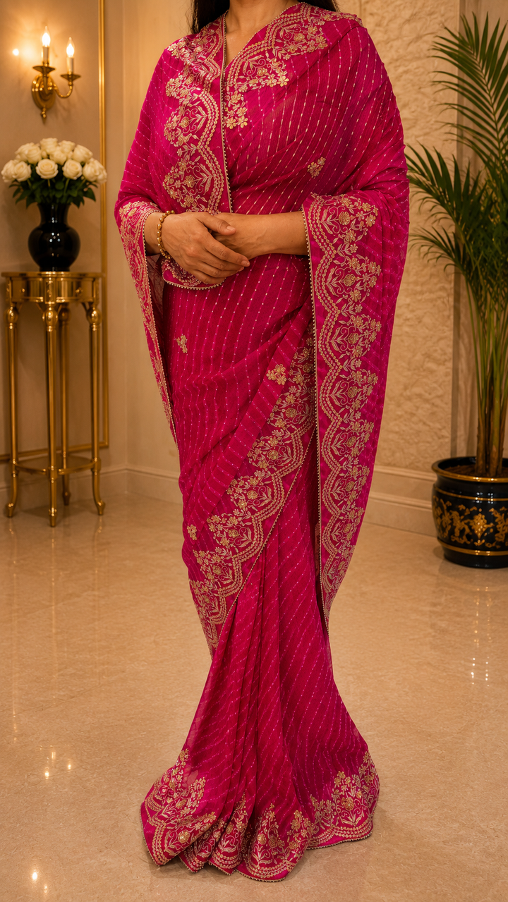 Hot Pink Heavy Gotta Patti Saree | SHOBITAM