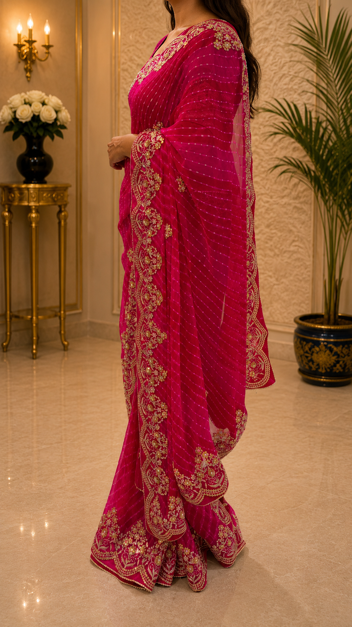 Hot Pink Heavy Gotta Patti Saree | SHOBITAM