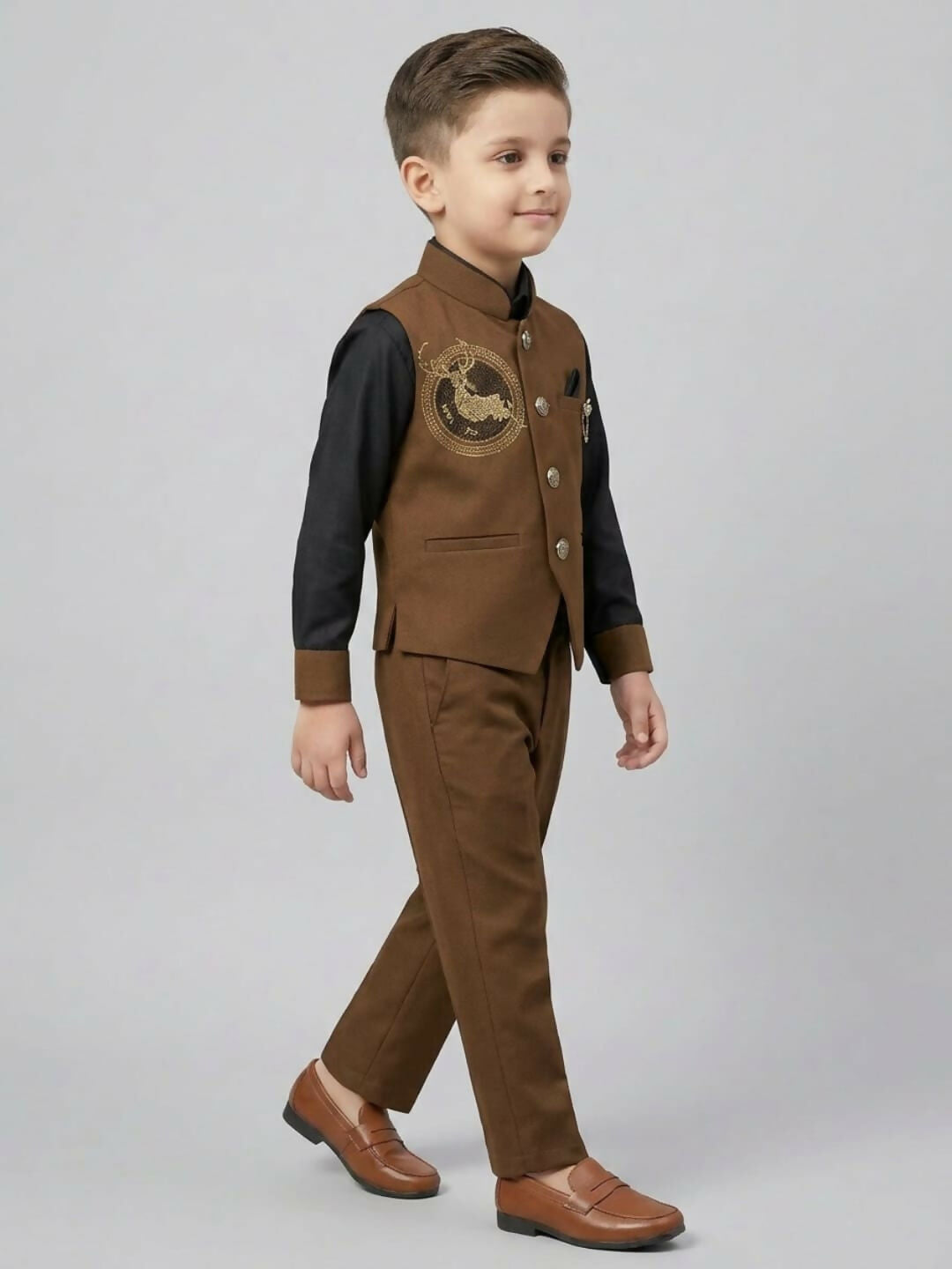 Boys Ethnic Brown & Black Waistcoat Suit Set with Shirt and Trousers | SHOBITAM