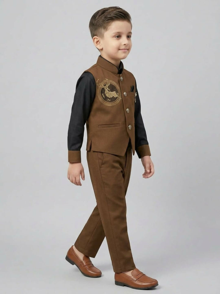 Boys Ethnic Brown & Black Waistcoat Suit Set with Shirt and Trousers | SHOBITAM