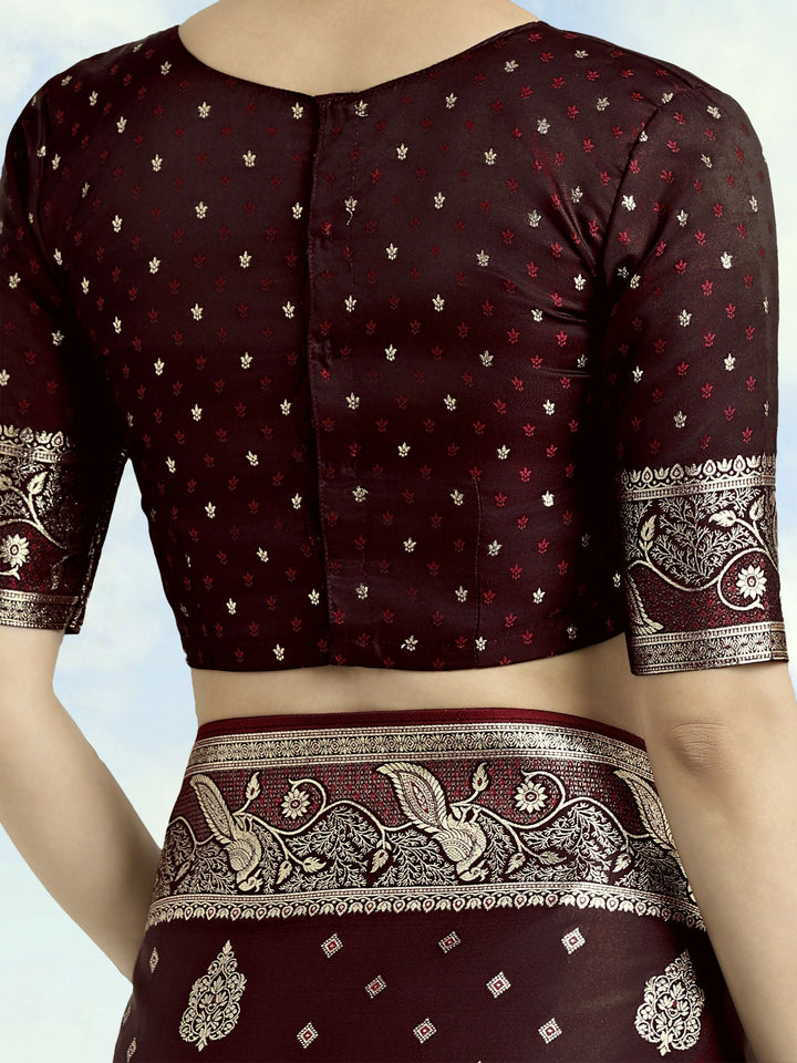 Maroon Woven Banarasi Satin Silk Saree | SHOBITAM