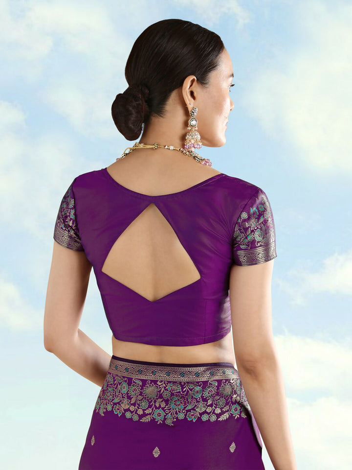 Purple Semi Banarasi Satin silk Saree With Zari Border And Butti Work | SHOBITAM