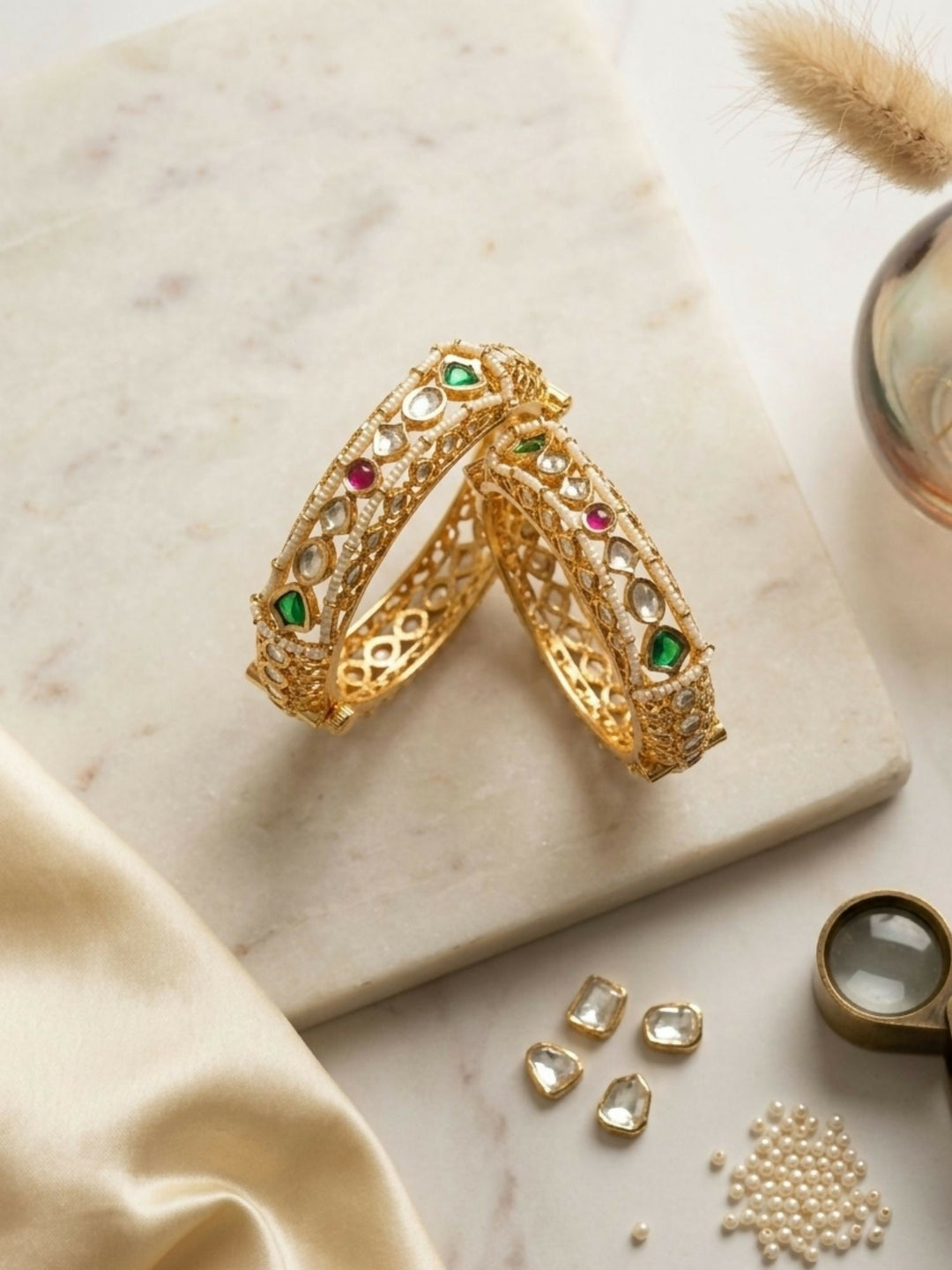 Gold Plated Multicolour Silm Polki Bangles  | SHOBITAM