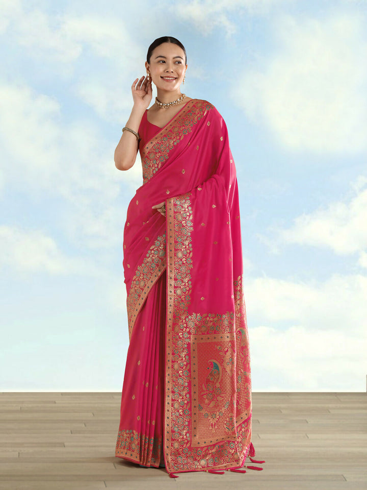Rani Pink Semi Banarasi Satin silk Saree With Zari Border And Butti Work  | SHOBITAM