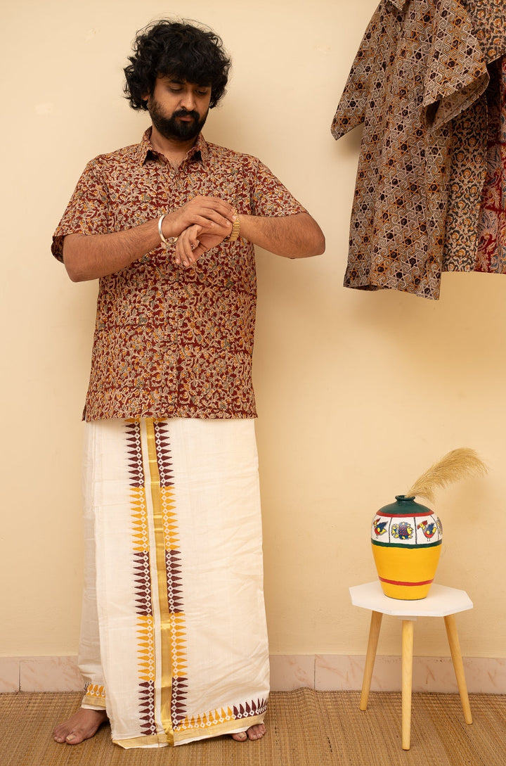 Onam Cotton Handblock Printed Mens Dhoti Taamara | SHOBITAM