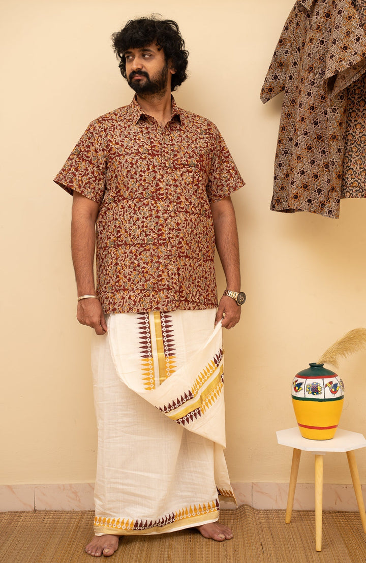 Onam Cotton Handblock Printed Mens Dhoti Taamara | SHOBITAM