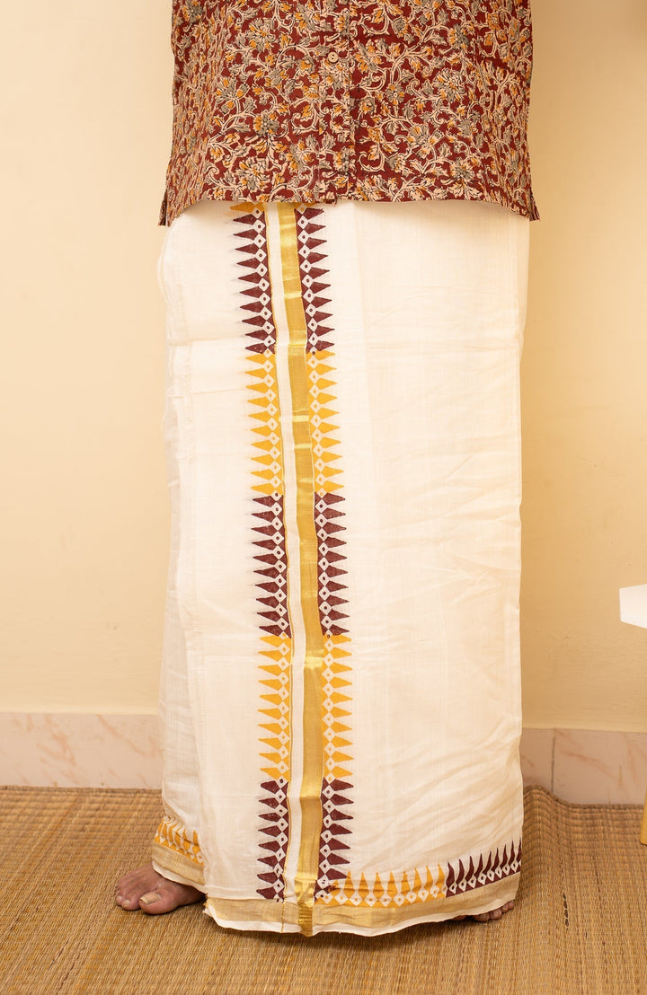 Onam Cotton Handblock Printed Mens Dhoti Taamara | SHOBITAM