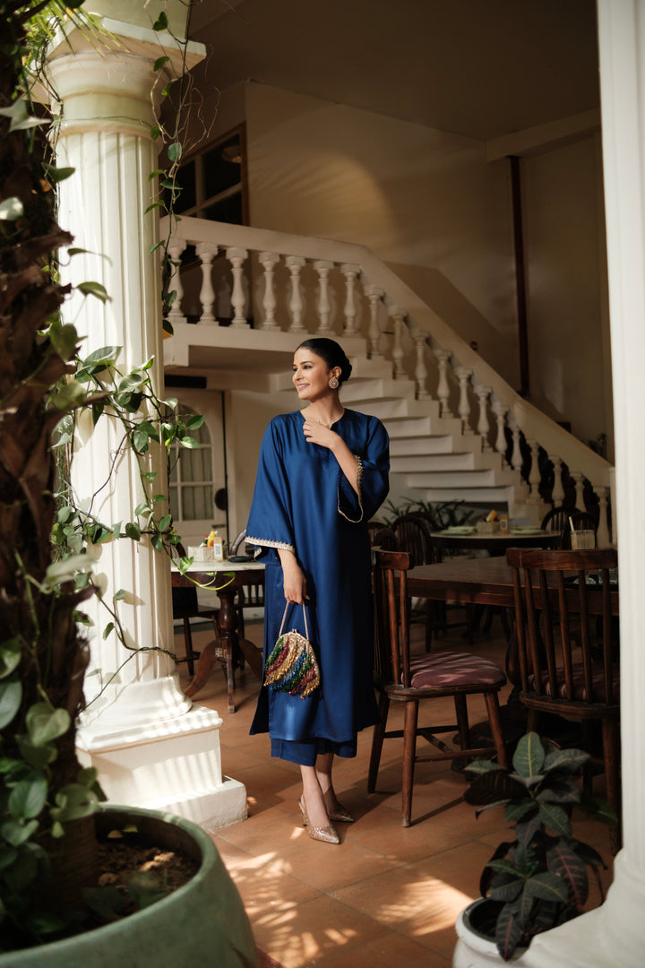 Midnight Blue Modal Satin Relax Kurta Set  | SHOBITAM