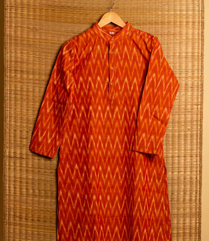 Orange Pochampally Ikkat Mens Kurta