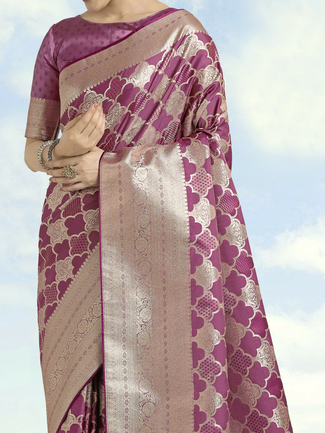 Rose Pink Banarasi Satin Silk Saree | SHOBITAM