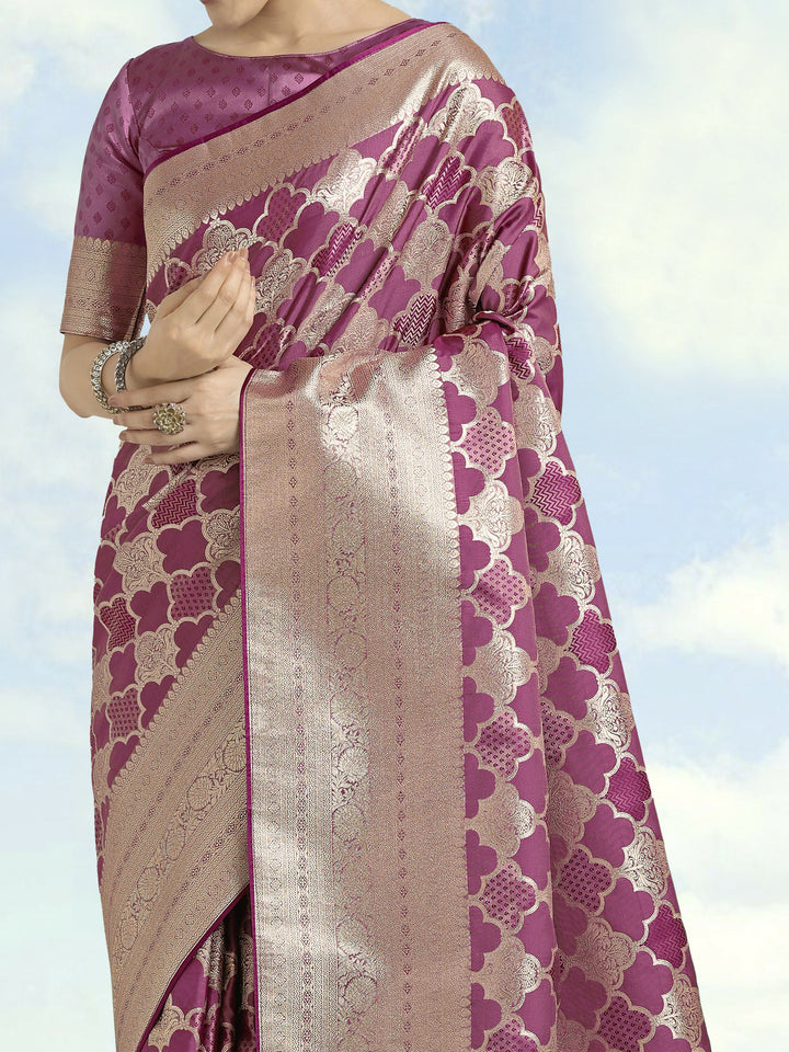 Rose Pink Banarasi Satin Silk Saree | SHOBITAM