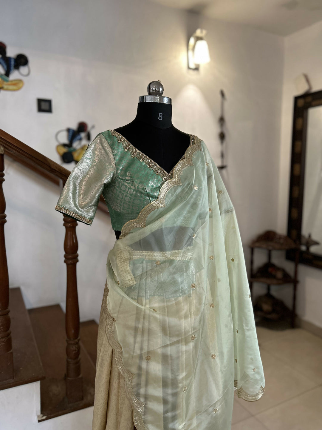 Sage Green Blouse with Champagne Gold Jacquard Skirt | SHOBITAM