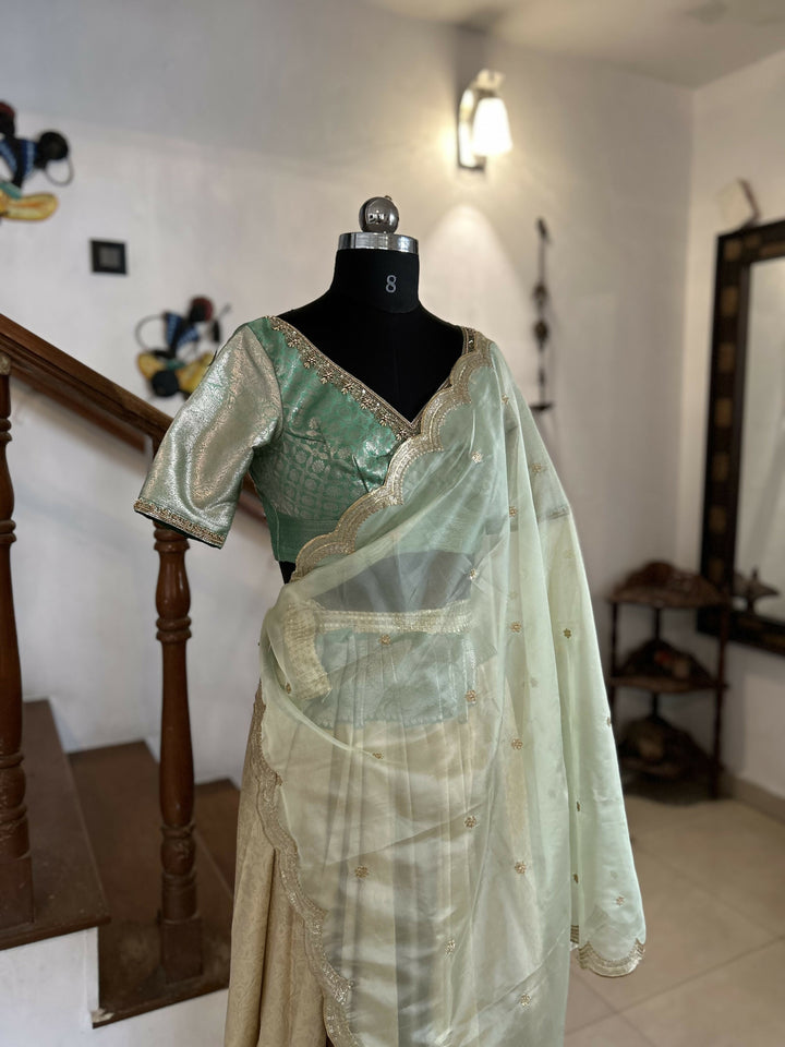 Sage Green Blouse with Champagne Gold Jacquard Skirt | SHOBITAM