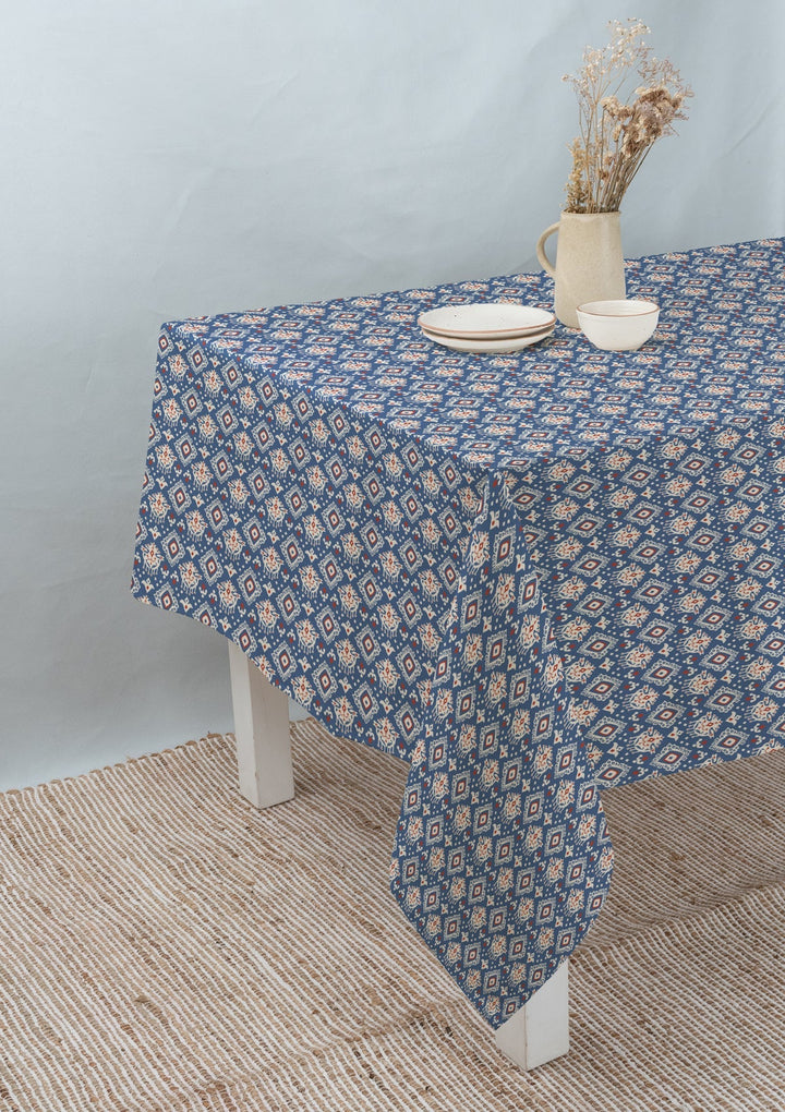 Durbar Ikat Geometric Printed 100% Cotton Table cloth for 4 seater, 6 seater and 8 seater dining - Royal blue and Brick Red | SHOBITAM