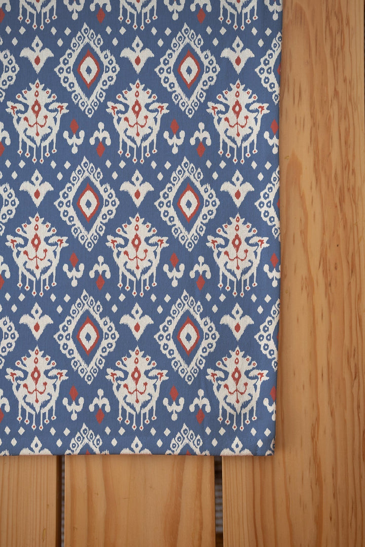 Durbar Ikat Geometric Printed 100% Cotton Table cloth for 4 seater, 6 seater and 8 seater dining - Royal blue and Brick Red | SHOBITAM