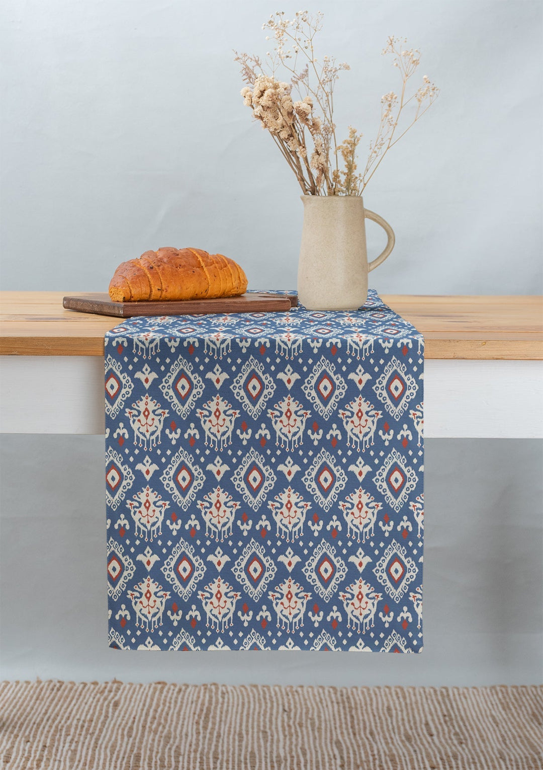 Durbar Ikat Geometric Printed 100% Cotton Table Runner with lace for 4 seater, 6 seater and 8 seater dining - Royal blue and Brick Red | SHOBITAM