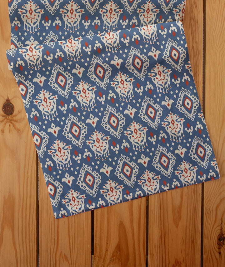 Durbar Ikat Geometric Printed 100% Cotton Table Runner with lace for 4 seater, 6 seater and 8 seater dining - Royal blue and Brick Red | SHOBITAM