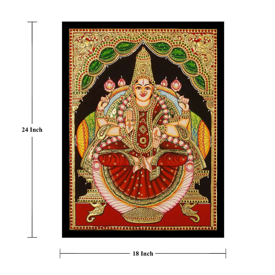 18*24 Authentic TANJORE PAINTING DHANA LAKSHMI With 22 Ct gold Foil and Jaipur Gemstones,Unframed | SHOBITAM